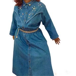 1980s Vintage Jeweled Embellished Cotton Denim Maxi Western Style Dress